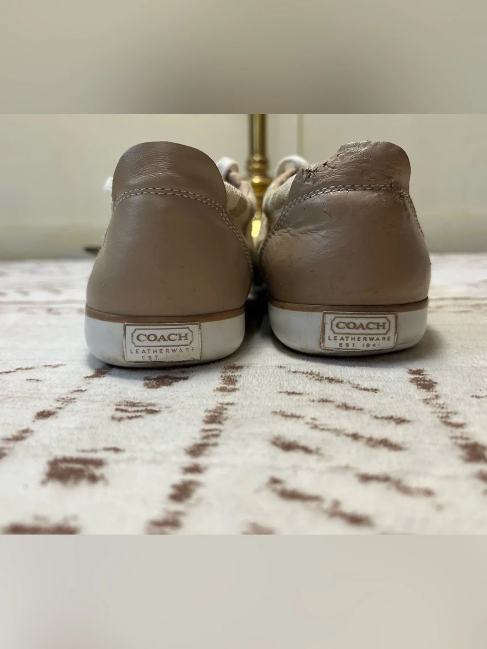 Coach Barrett Signature C Canvas Leather Low Top Sneakers Tan 9B Quiet Luxury